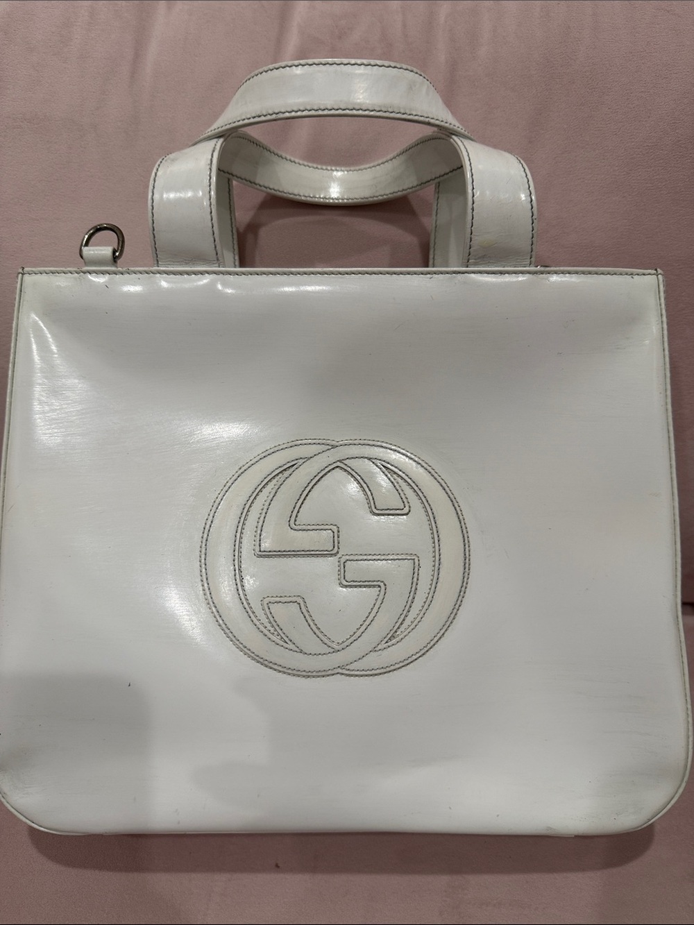 Gucci Soho White Patent Leather Tote with Interlocking G and Crossbody Strap
